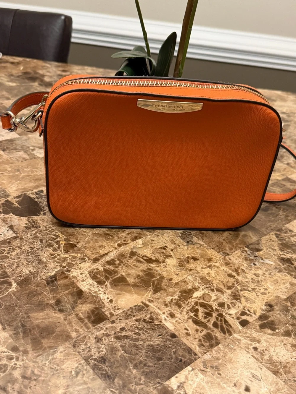 Henri Bendel Orange Saffiano Leather Crossbody Camera Bag